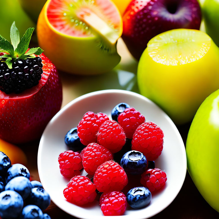 Assorted Fresh Fruits: Raspberries, Blueberries, Strawberry, Blood Orange, Green App
