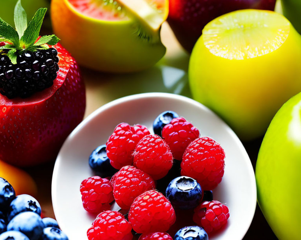 Assorted Fresh Fruits: Raspberries, Blueberries, Strawberry, Blood Orange, Green App
