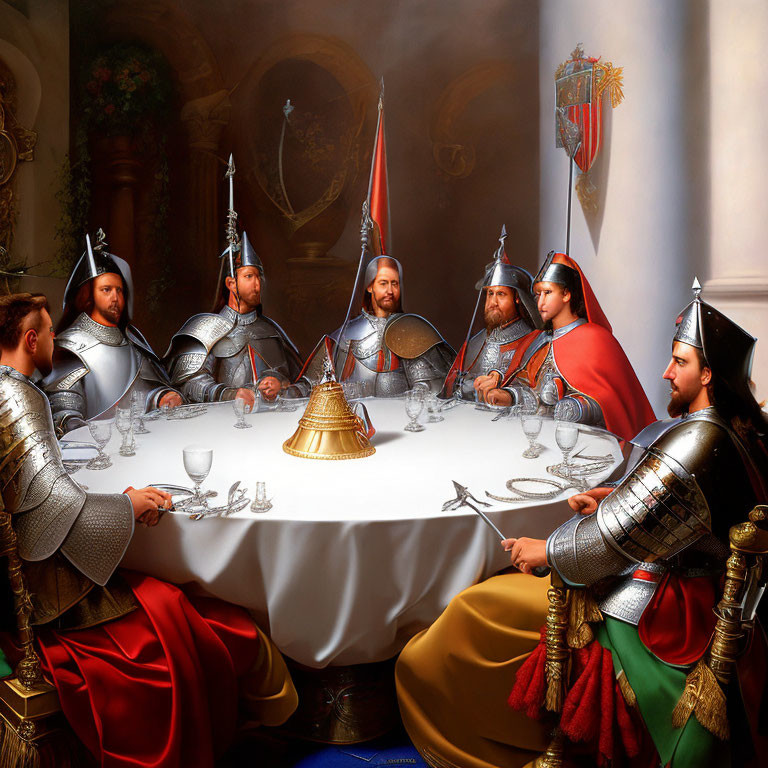 Modern people in knight attire at round table with armor, swords, and flags