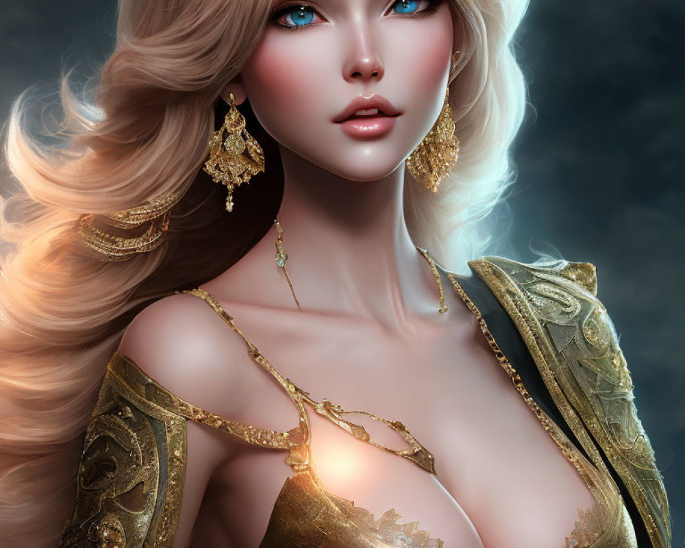 Digital Artwork Featuring Woman with Striking Blue Eyes and Blonde Hair