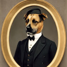 Dog with human-like face in tuxedo and bow tie in ornate oval frame