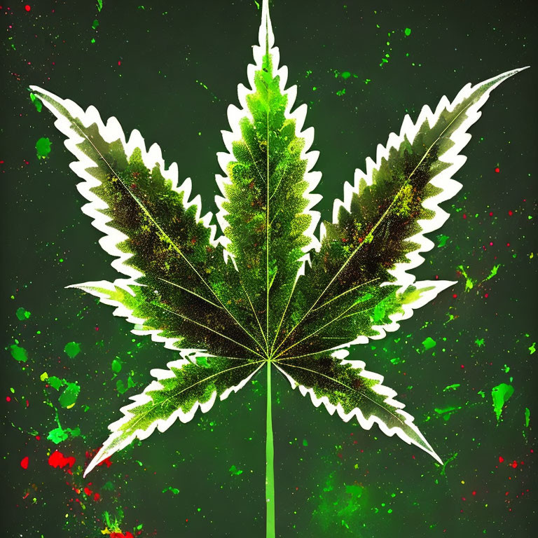 Colorful Paint Splattered Cannabis Leaf on Dark Background