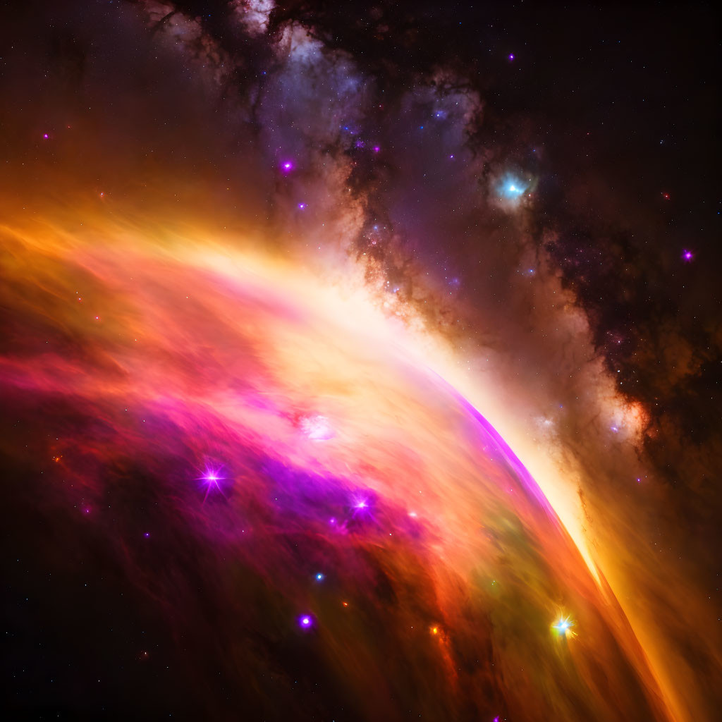 Colorful cosmic scene with sweeping spectrum of colors and starry nebulous background