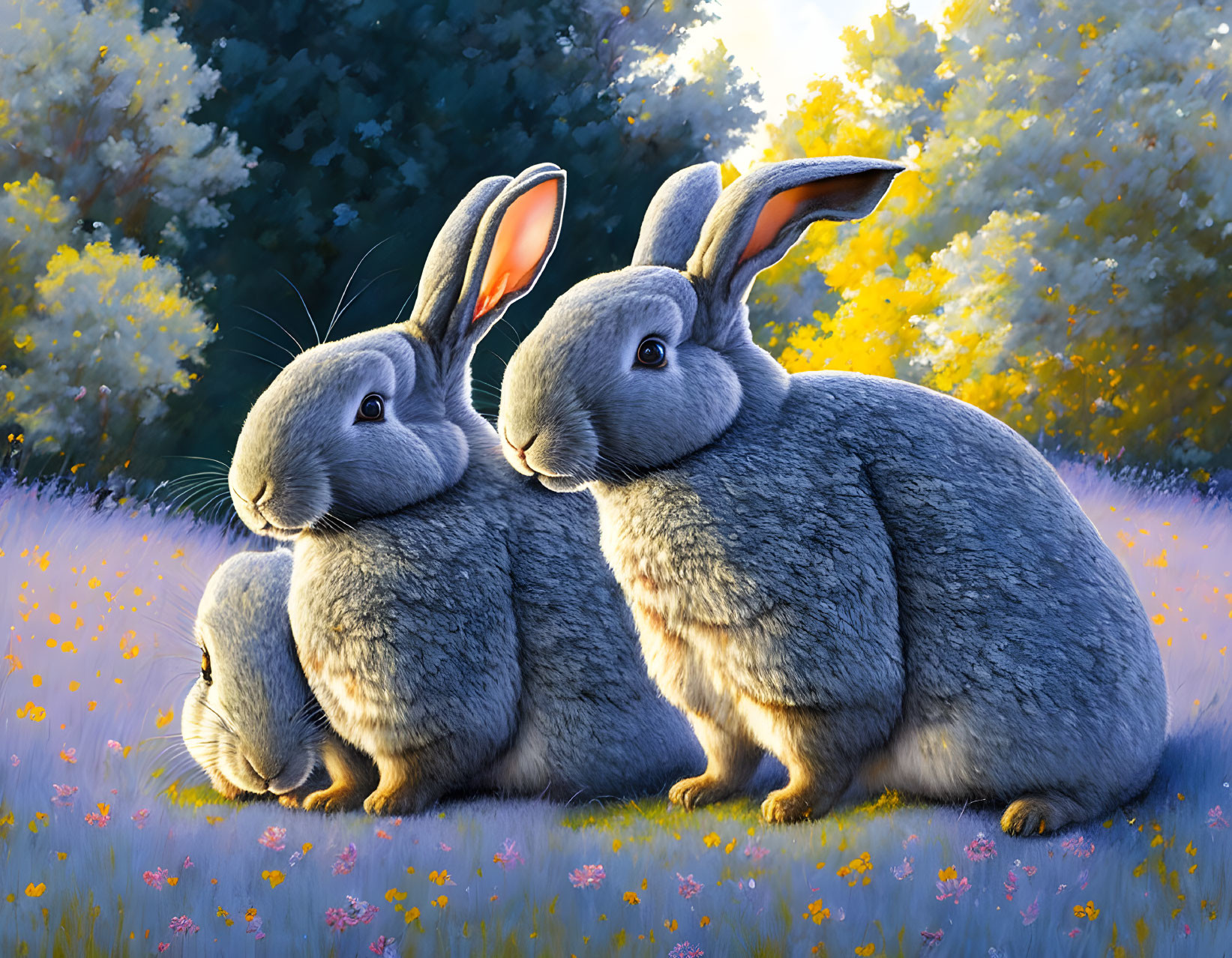 Grey rabbits in purple flower field at sunset
