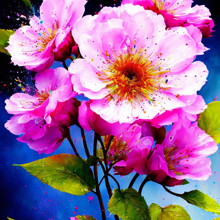 Pink Blossoms with Splattered Paint Effect on Starry Blue Background