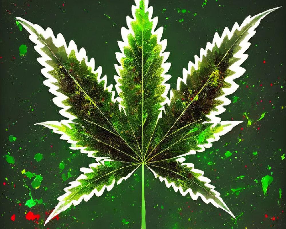 Colorful Paint Splattered Cannabis Leaf on Dark Background