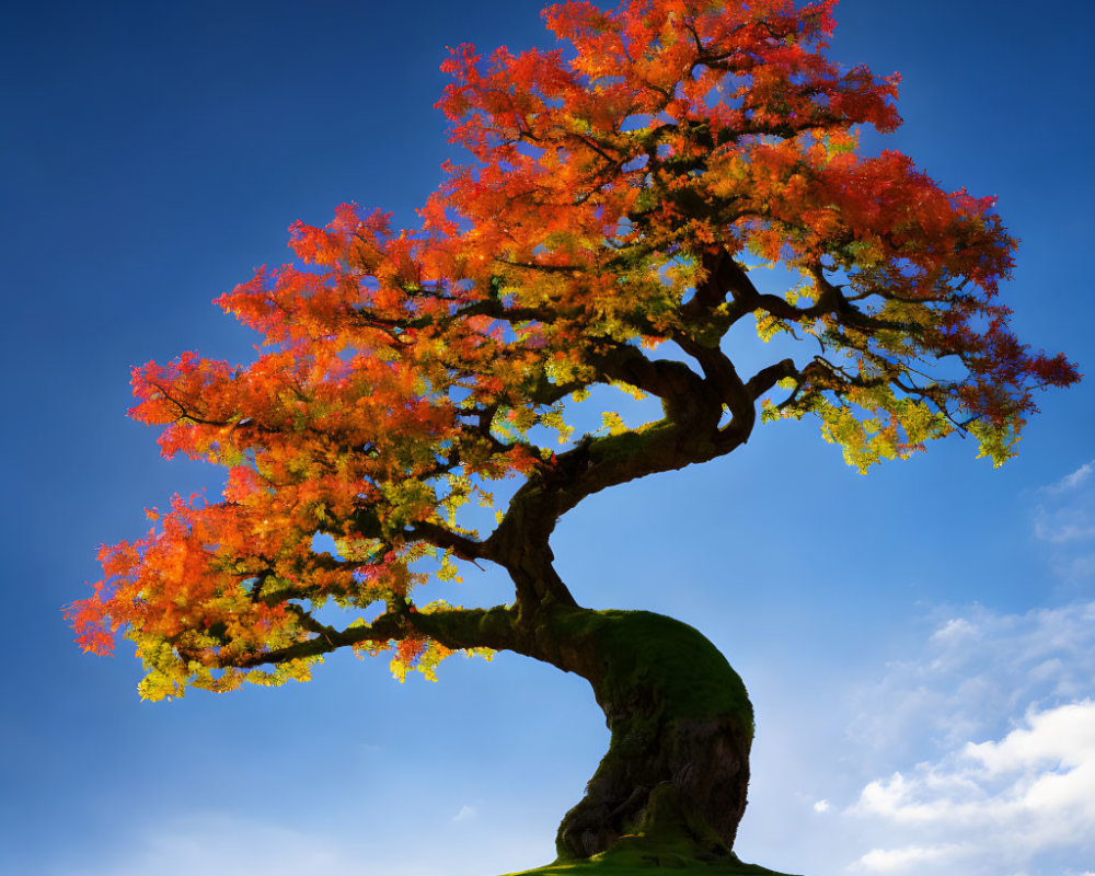 Vibrant autumn tree on green hill under blue sky