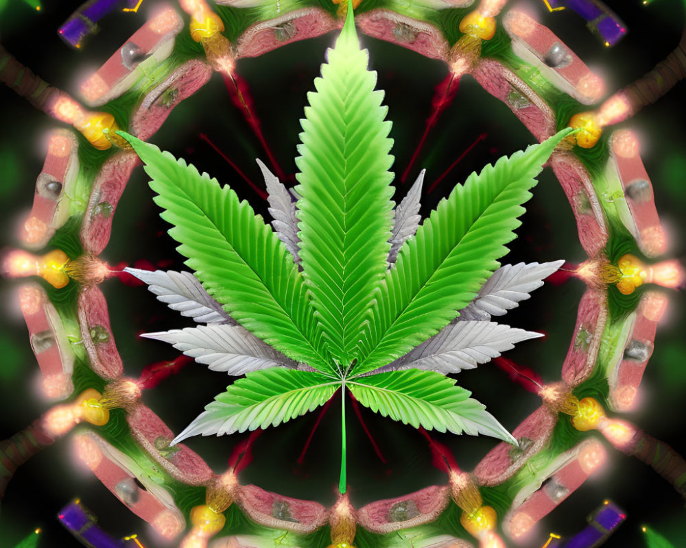 Symmetrical cannabis leaf with pills and red lights on dark background