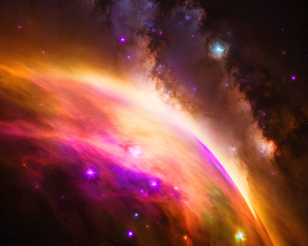 Colorful cosmic scene with sweeping spectrum of colors and starry nebulous background