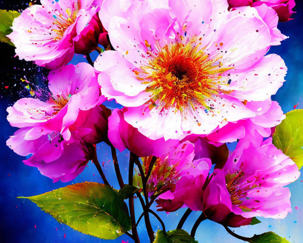 Pink Blossoms with Splattered Paint Effect on Starry Blue Background