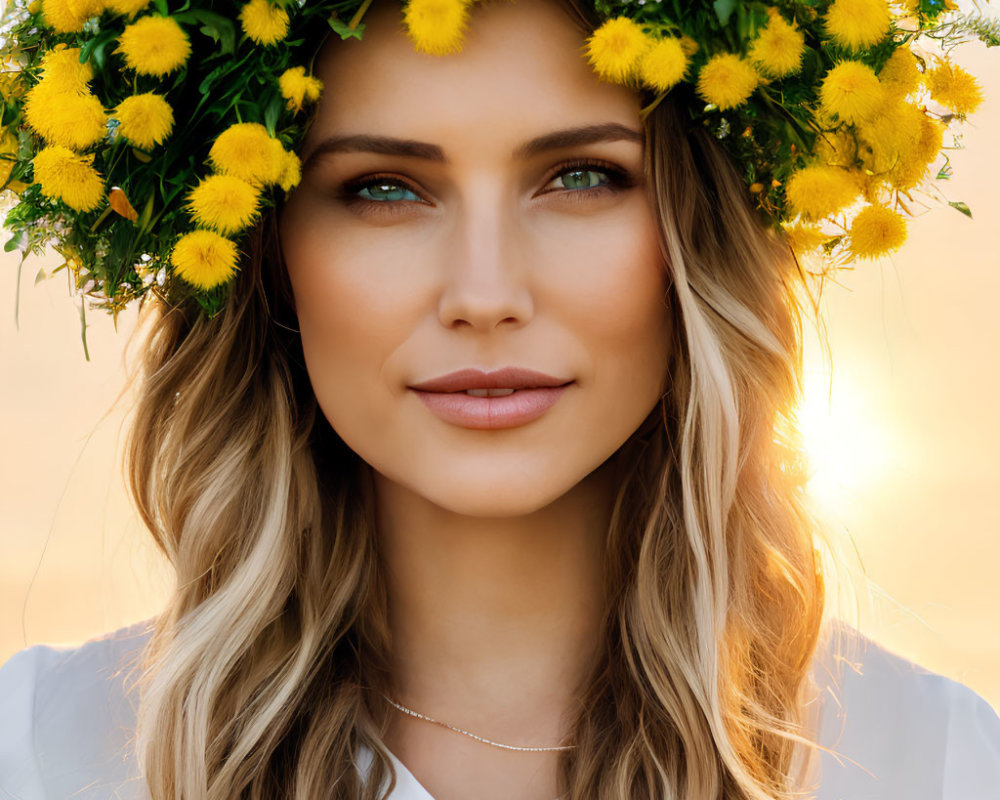 Portrait of a Woman with Yellow Flower Wreath and Golden Backlighting