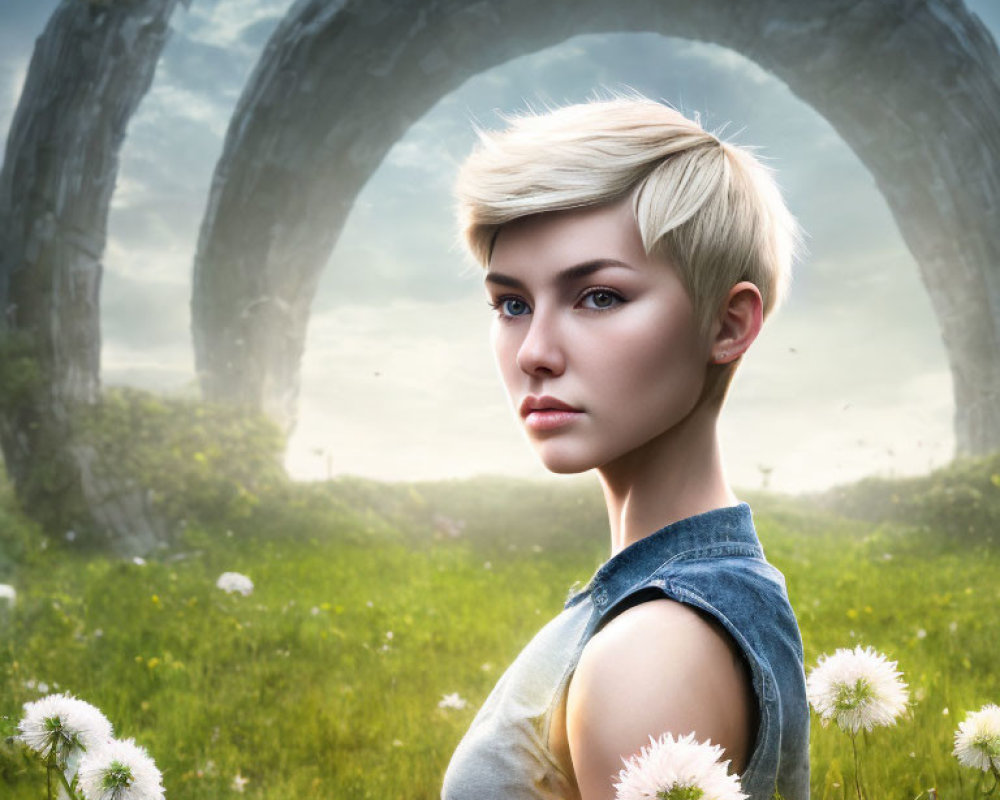Pixie-Haired Woman in Front of Stone Arches and Field of Flowers