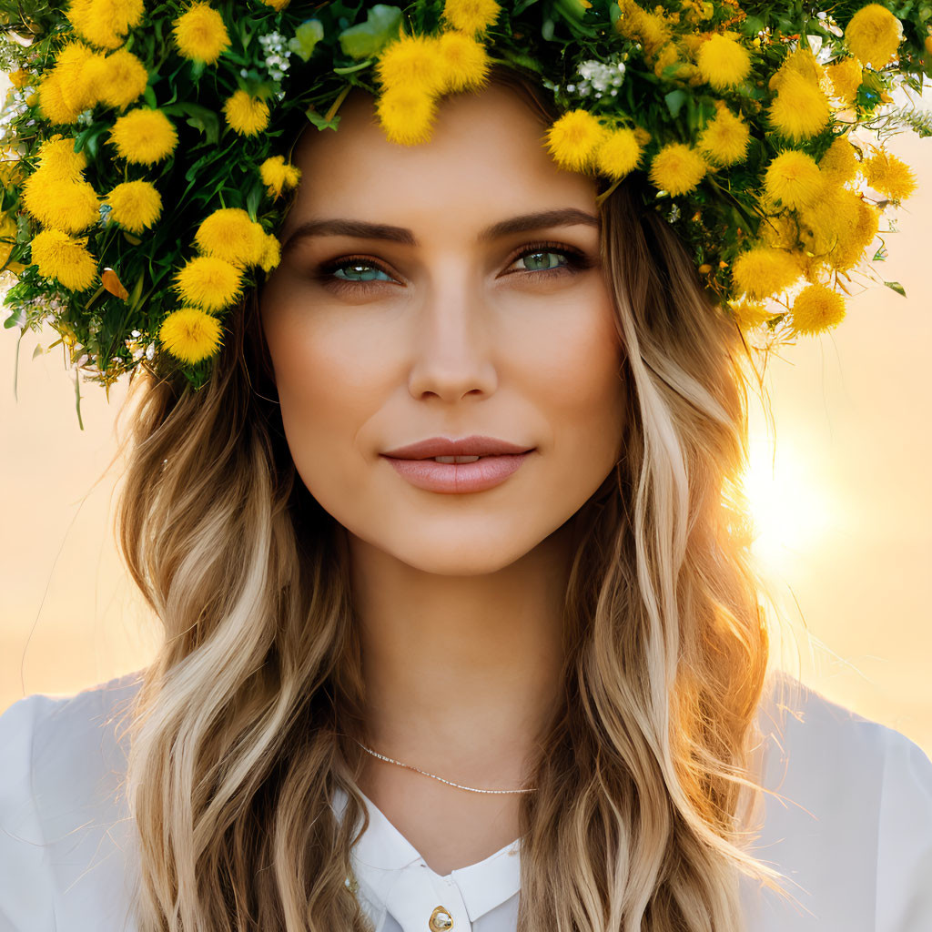 Portrait of a Woman with Yellow Flower Wreath and Golden Backlighting