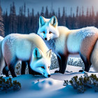 Arctic foxes in snow-covered landscape with frosty trees and twilight sky