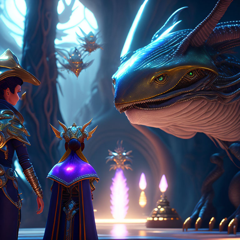 Knight in armor confronts majestic dragon in illuminated cavern