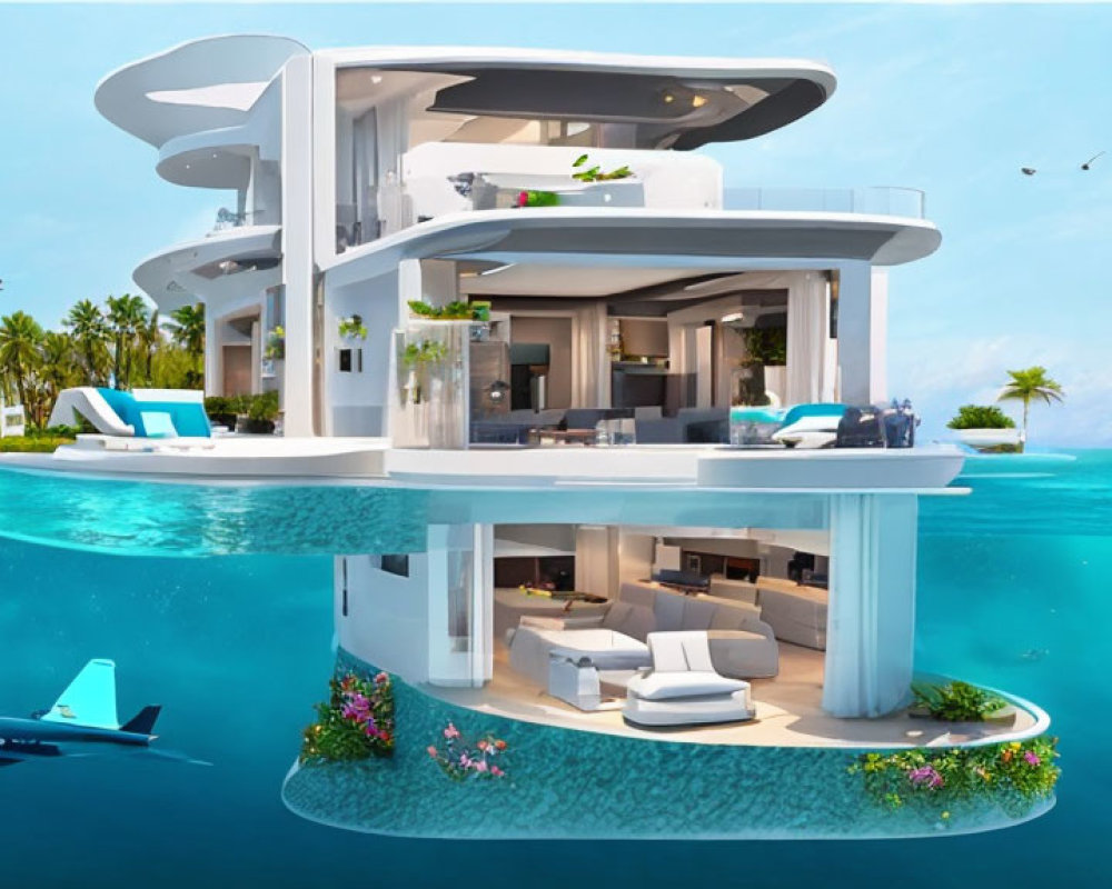 Luxurious Overwater Villa with Multiple Levels and Outdoor Lounging Areas