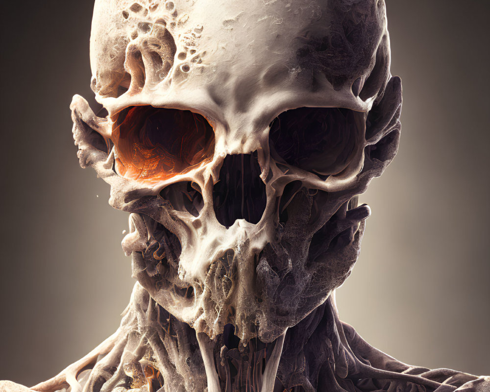 Detailed 3D Skull Illustration with Glowing Orange Eyes