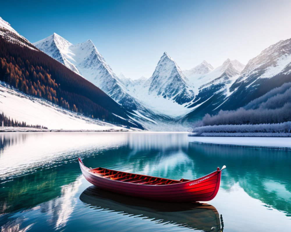 Red boat on serene blue lake with snowy mountains and forest under blue sky
