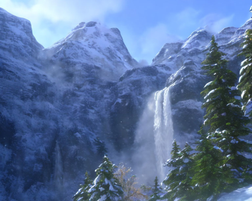 Scenic snow-covered mountain peaks with waterfall and evergreen trees