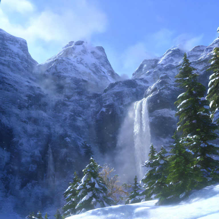 Scenic snow-covered mountain peaks with waterfall and evergreen trees