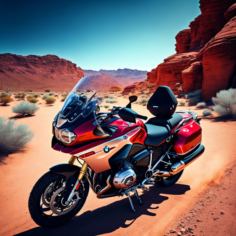 Red and Black BMW Touring Motorcycle on Desert Road with Red Rock Formations