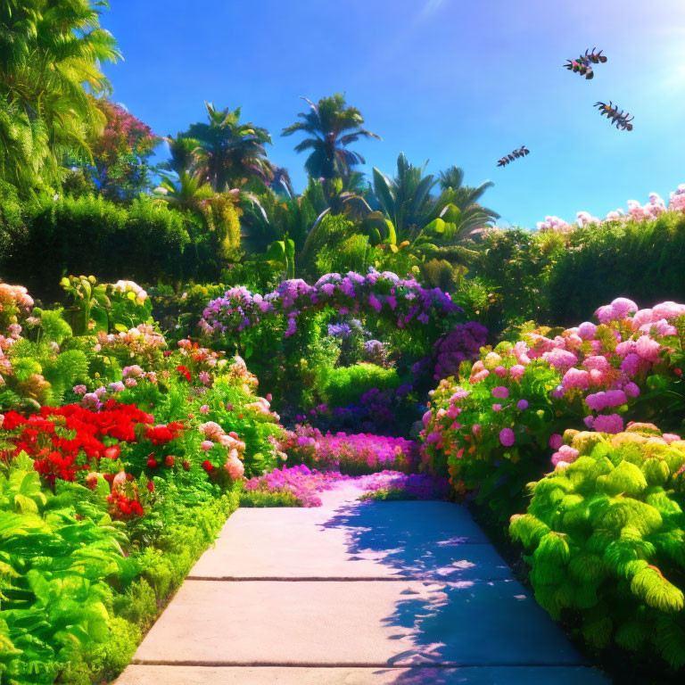 Colorful Garden Path with Lush Greenery and Butterflies