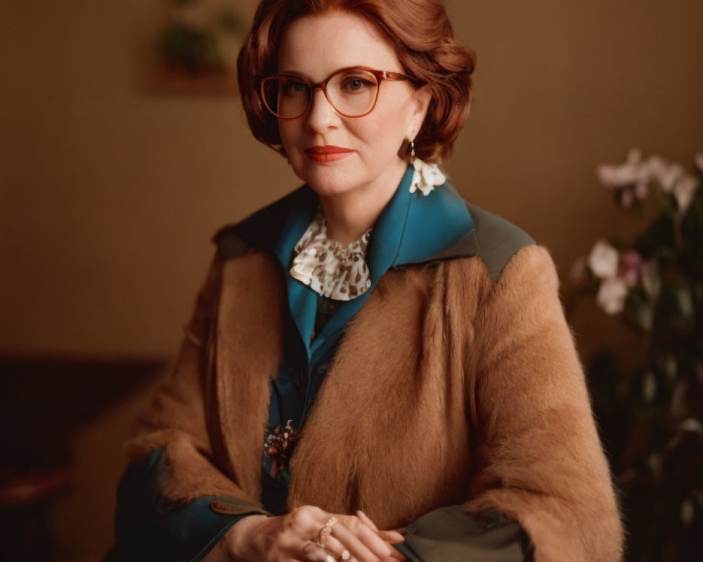 Red-haired woman in glasses and fur coat sitting elegantly in blue outfit against warm backdrop