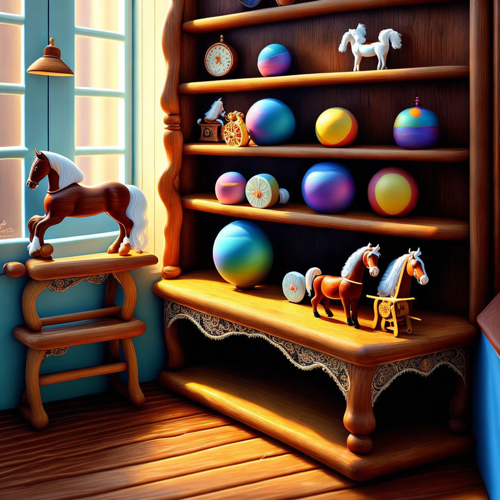 Sunlit wooden shelving unit with colorful balls and wooden horse figurines