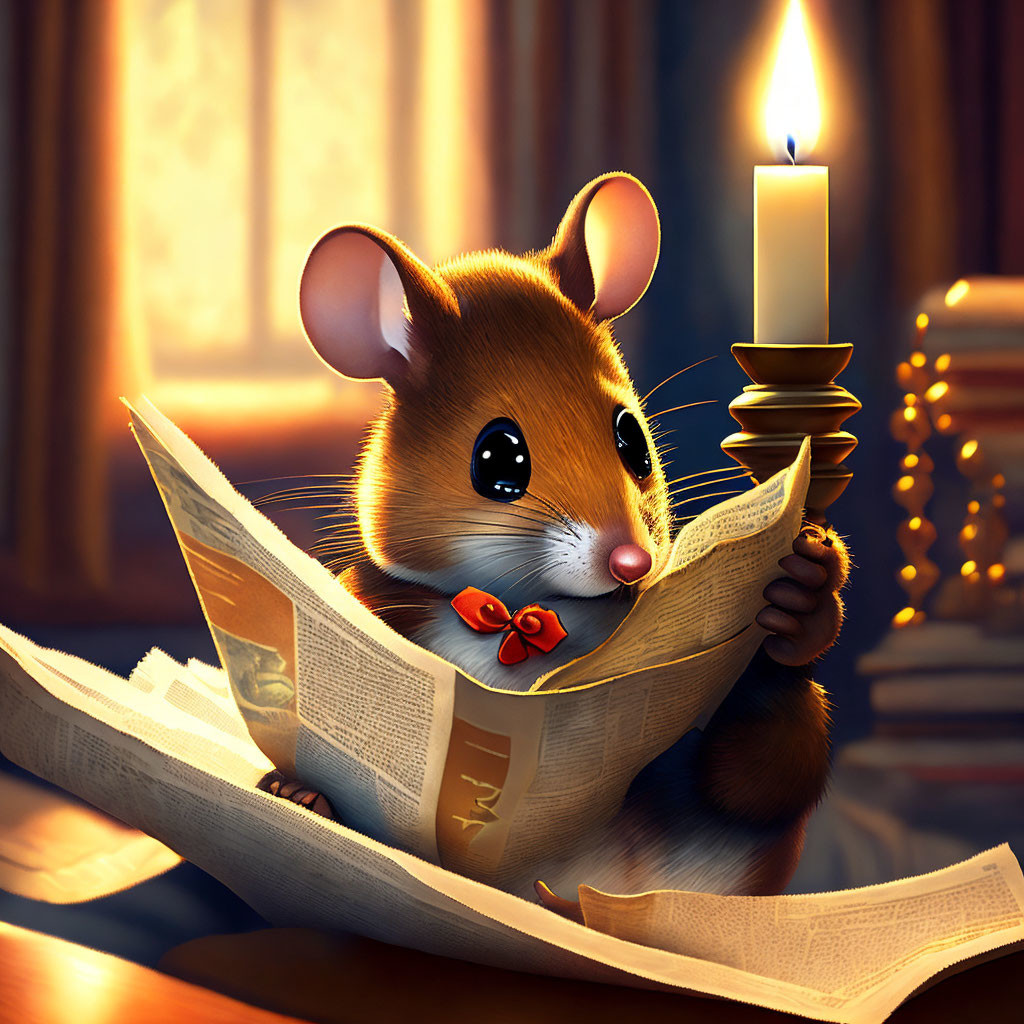 Cozy Animated Mouse Reading Newspaper in Dimly-Lit Room