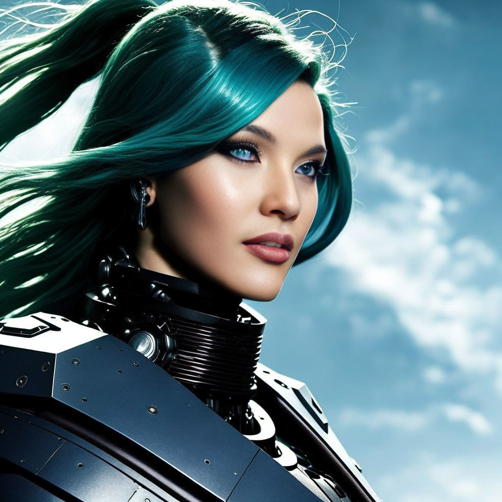 Futuristic cyborg woman with turquoise hair in black armor against dramatic sky
