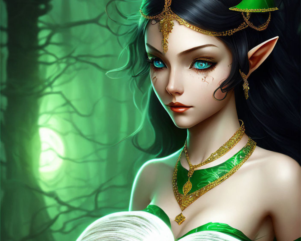 Elven character with pointed ears reading in mystical forest