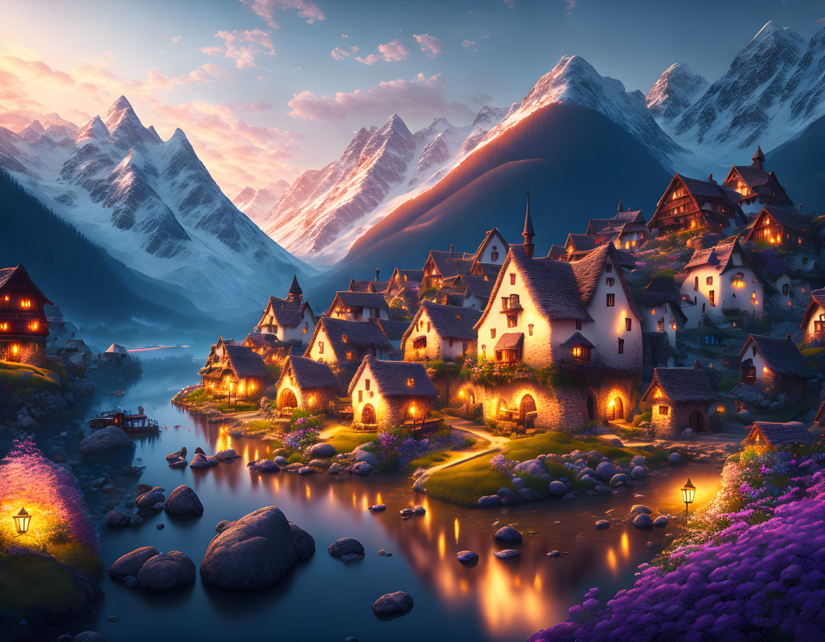 Peaceful village nestled between snowy mountains and calm river at dusk