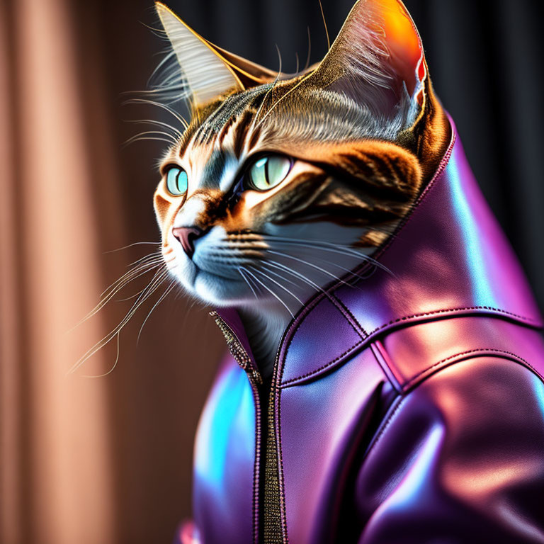 Tabby Cat with Green Eyes in Reflective Purple Jacket