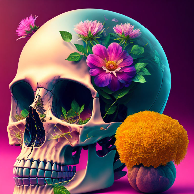 Vibrant human skull with flowers on purple background