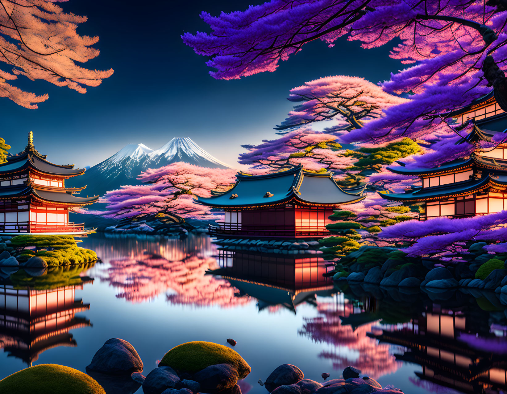 Traditional Japanese buildings, Mount Fuji, cherry blossom trees, and serene lake scene.
