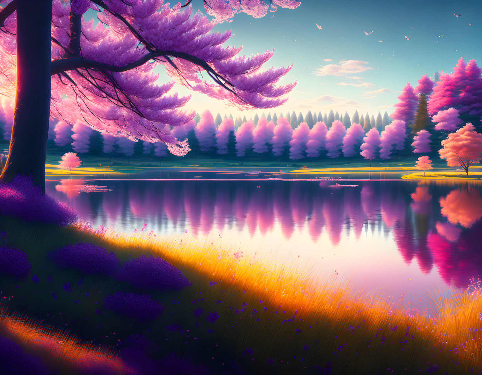 Scenic lakeside view with pink blossoming trees, calm water, colorful sunset sky, and distant
