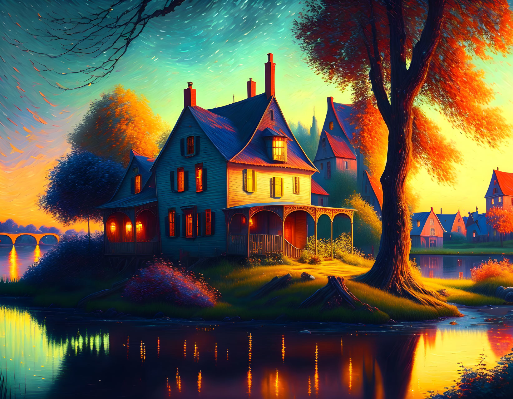 Scenic riverside sunset with cozy house and autumn trees