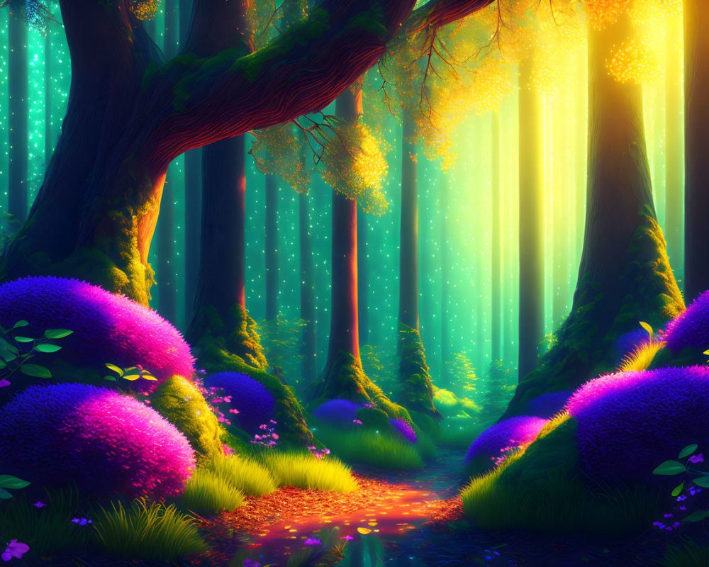 Mystical forest with vibrant purple foliage and sunlight rays