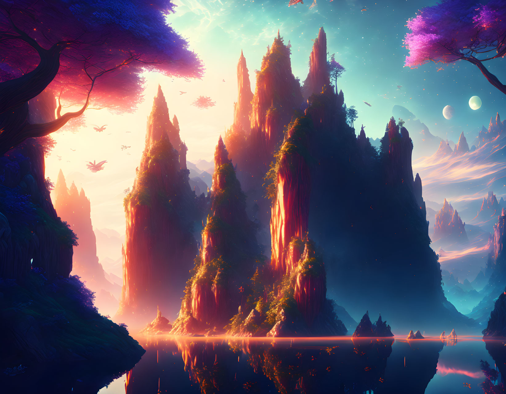 Fantasy landscape with towering rock formations in purple forest under starry sky