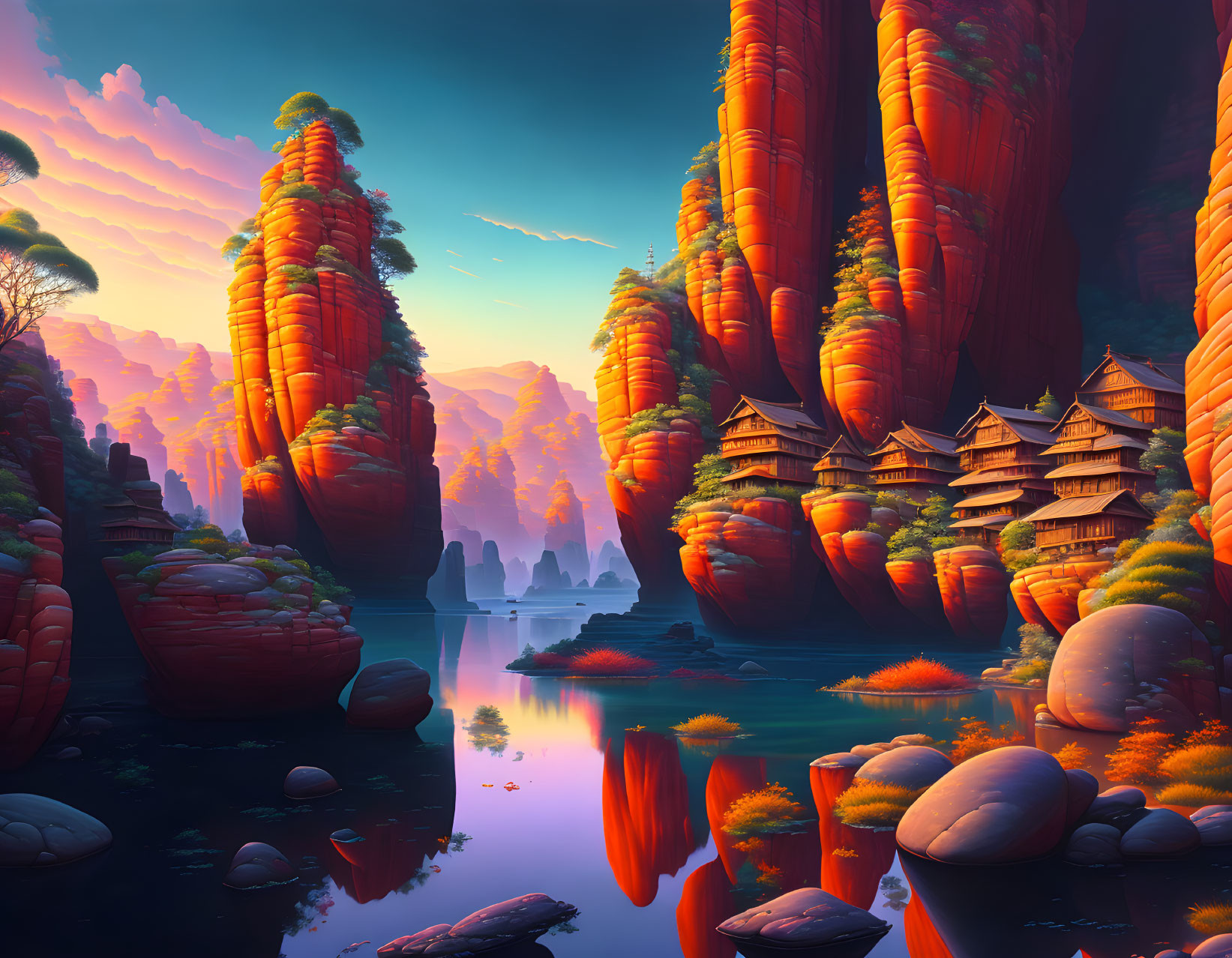 Tranquil fantasy landscape with red cliffs, Asian-style buildings, lake, and vibrant skyline