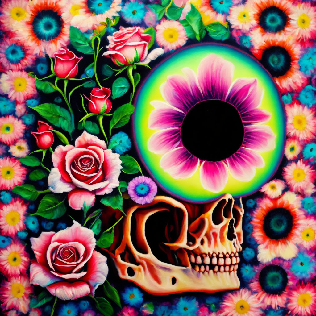 Colorful Human Skull Painting with Flower Eye Socket & Red Roses