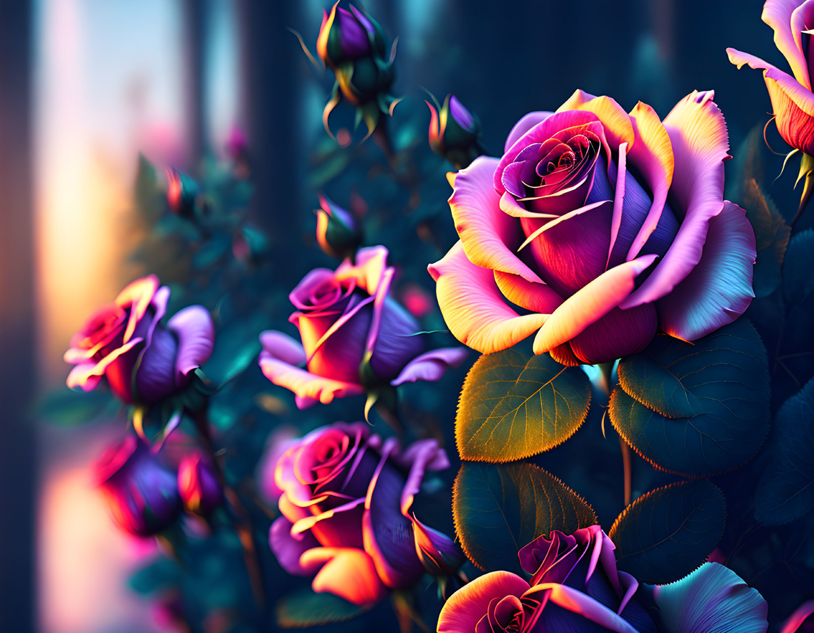 Purple and Pink Roses with Detailed Petals on Blurred Green Background