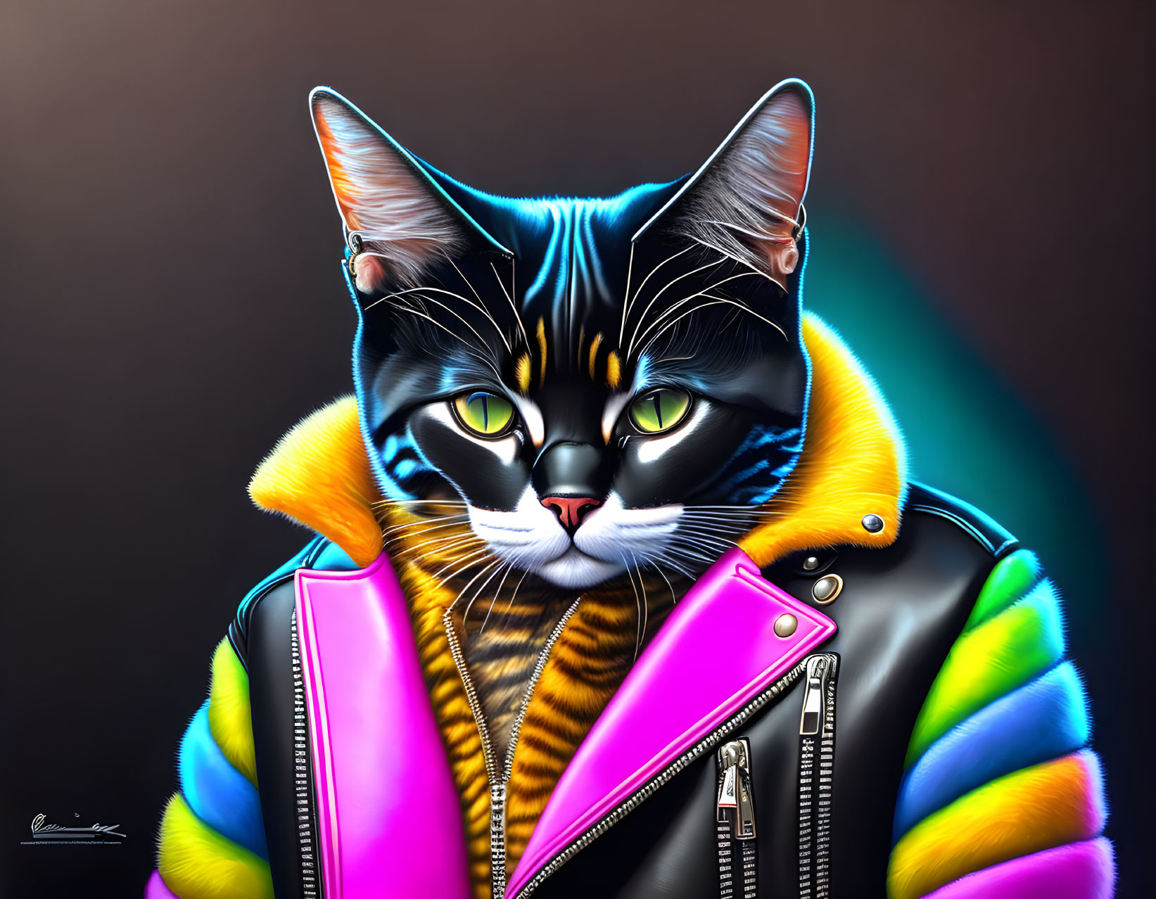 Digital Art: Cat with Human-Like Features in Colorful Jacket