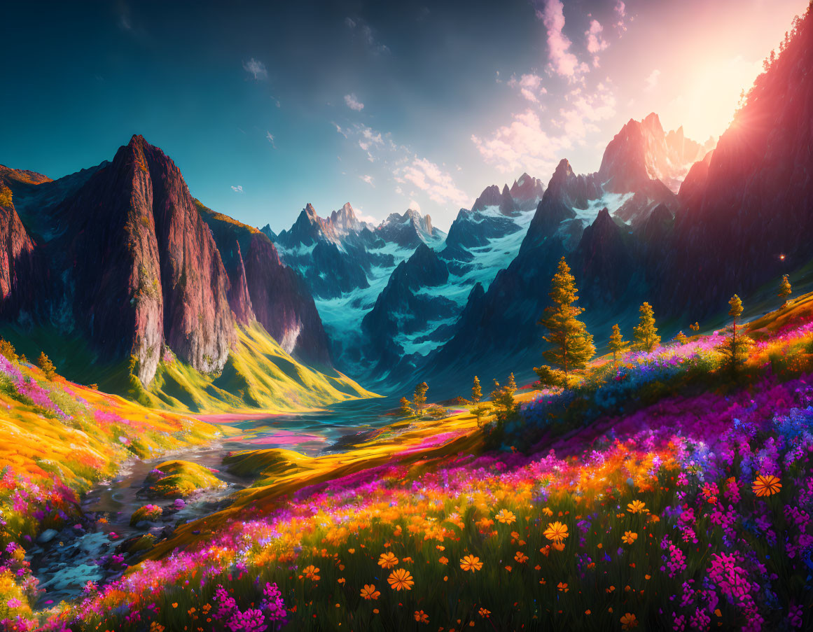 Scenic Alpine Valley with Flowers, River, Trees & Mountains at Sunrise