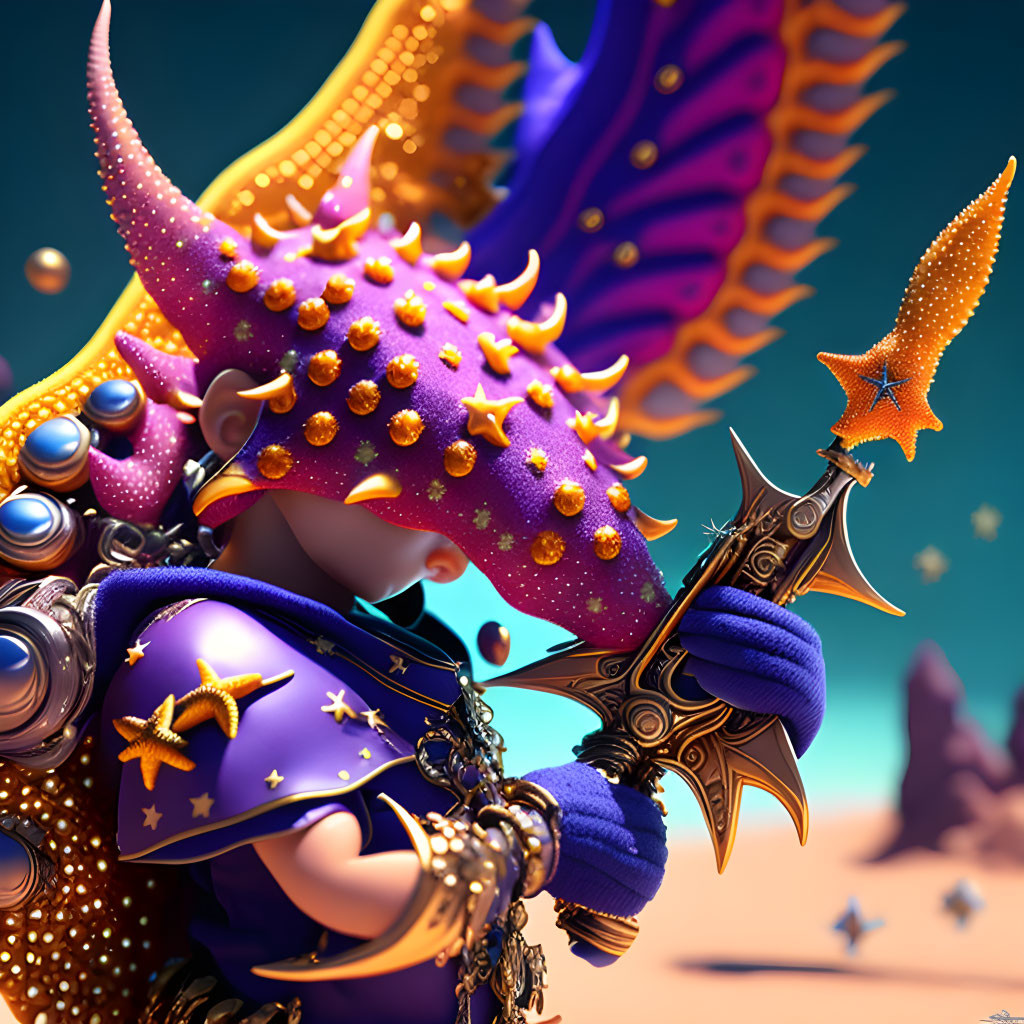 Fantasy character with star-themed armor and celestial wings in 3D illustration