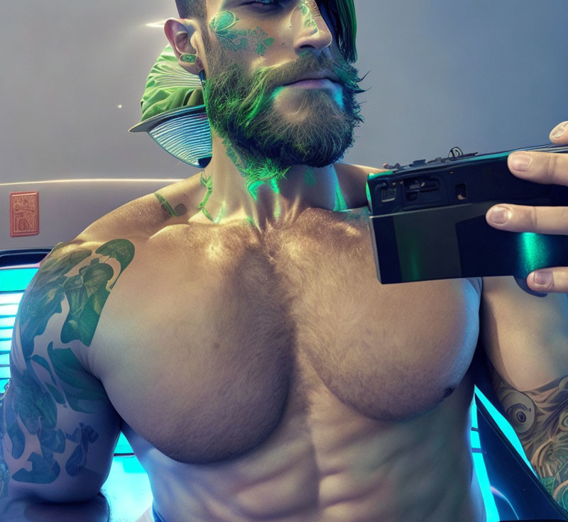 Bearded man with tattoos takes selfie under neon lights