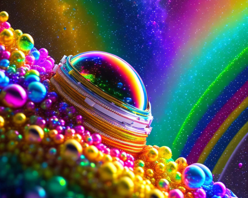 Colorful Spherical Object with Rainbow Stripes and Bubbles on Cosmic Background