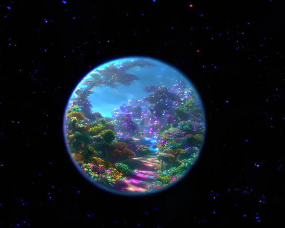 Enchanting forest scene in cosmic sphere with stars.