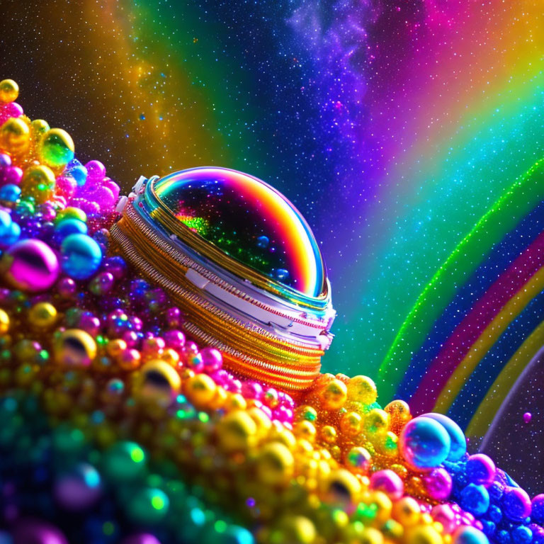 Colorful Spherical Object with Rainbow Stripes and Bubbles on Cosmic Background