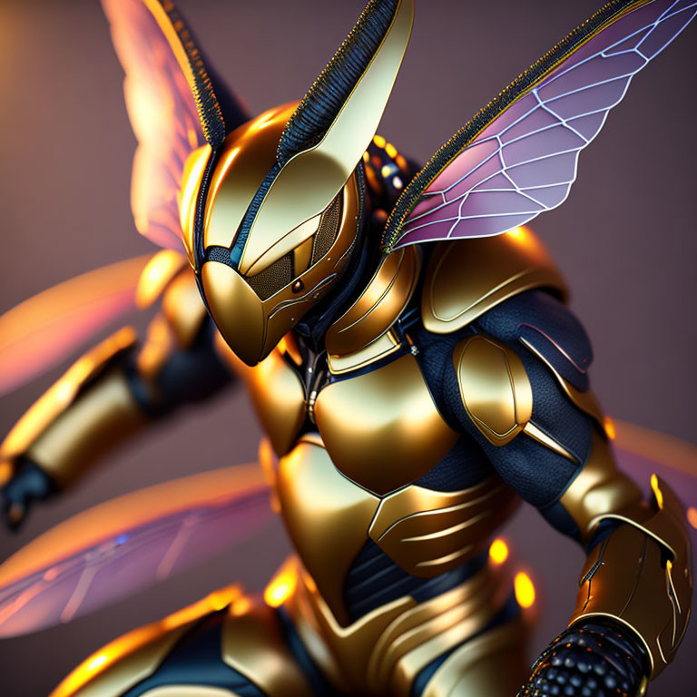 Character in Bee-Inspired Armor with Golden Plates & Translucent Wings